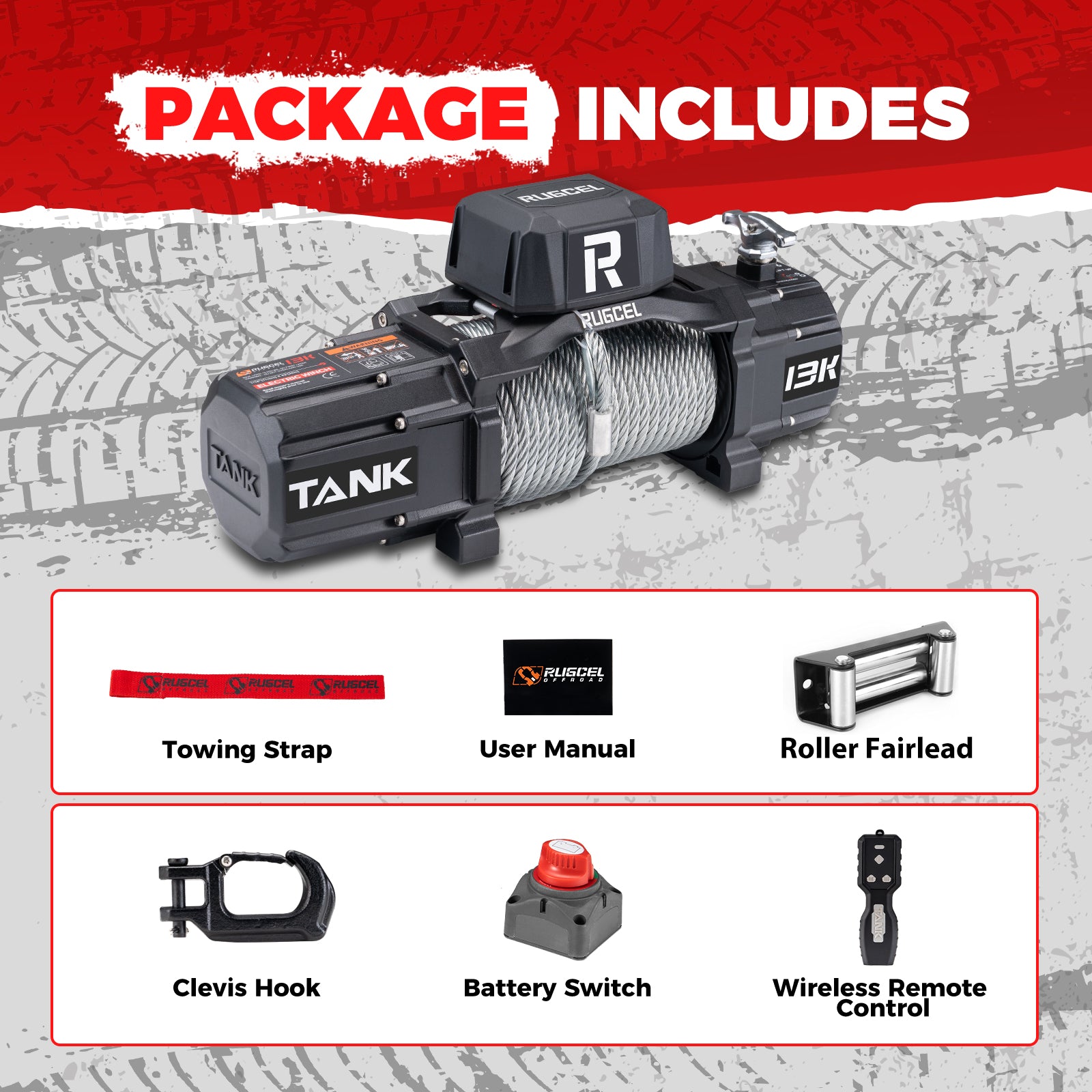 RUGCEL TANK WINCH 13500LB Steel Rope