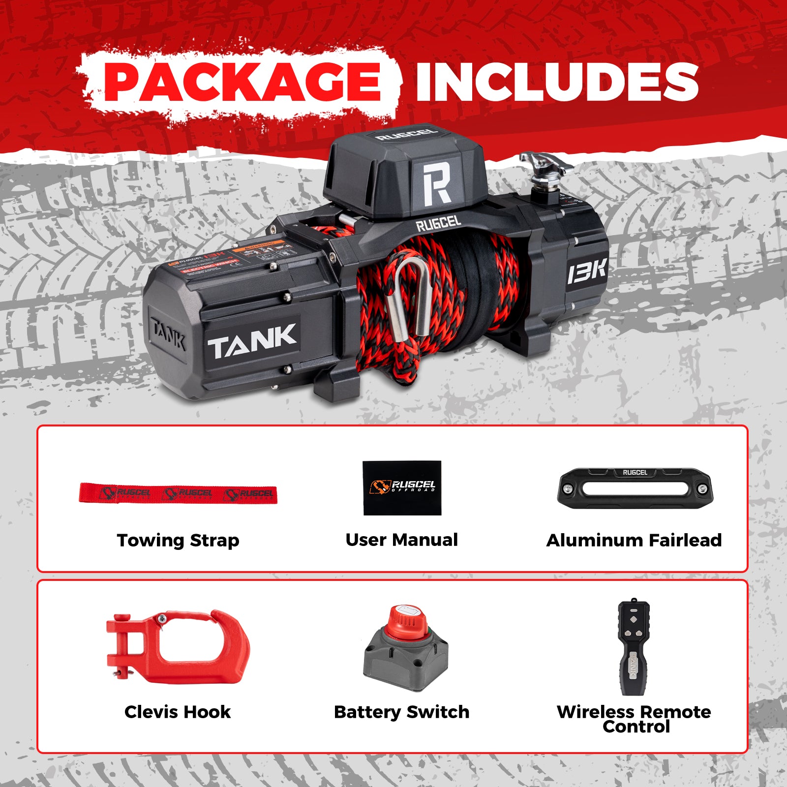 RUGCEL TANK WINCH 13500LB Dual Color Rope
