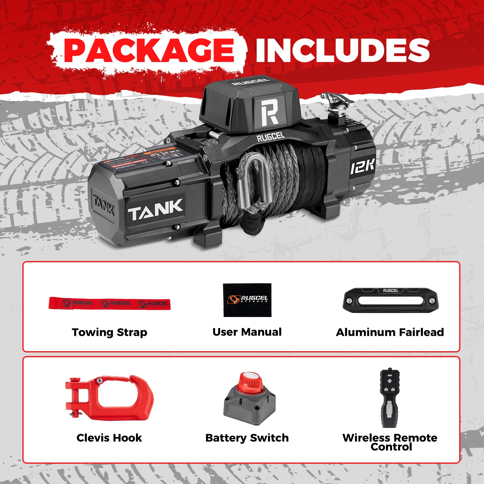 RUGCEL TANK WINCH  12000LB Black Rope