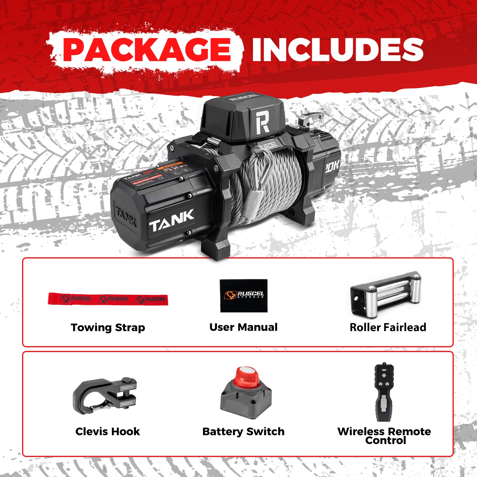 RUGCEL TANK WINCH 12V  20000LB Steel Rope