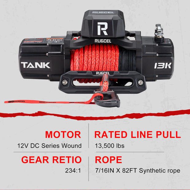 RUGCEL TANK WINCH  13500LB Red Rope