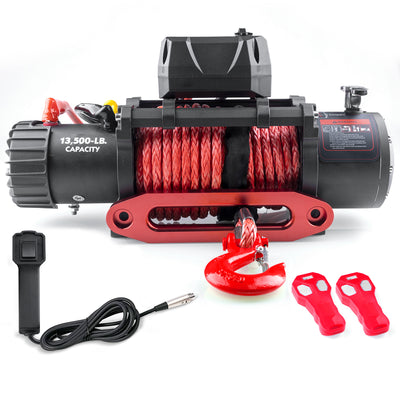 RUGCEL 12V 13500LB WINCH Red Synthetic Rope