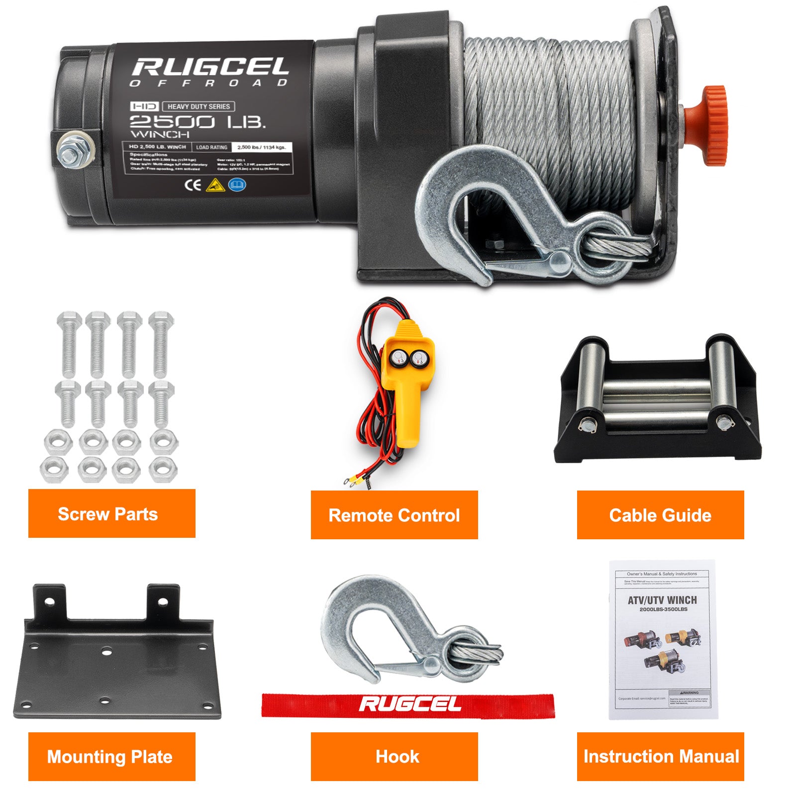 RUGCEL 12V 2500LB WINCH ATV/UTV Steel Rope