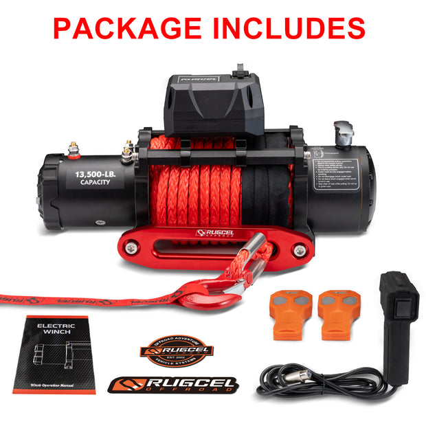 RUGCEL 12V 13500LB WINCH Red Synthetic Rope