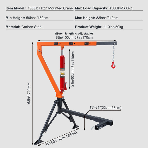 RUGCEL 1500 lb Stretchable Receiver Hitch Mounted Hydraulic Swivel Pickup Truck Crane