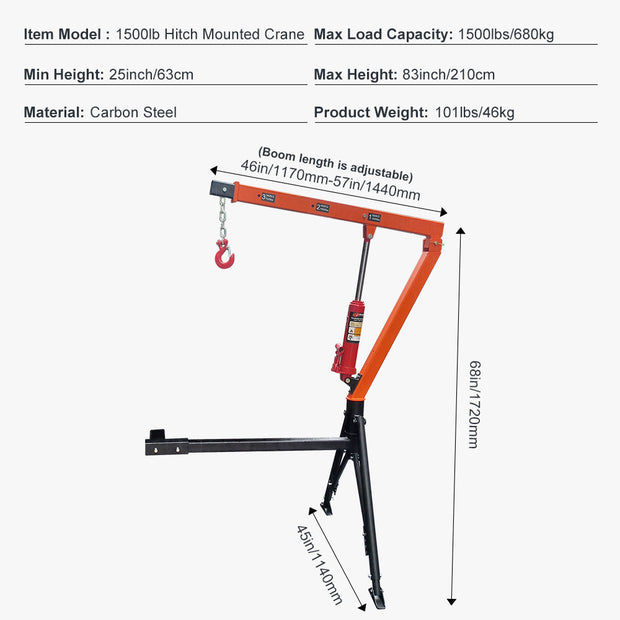 RUGCEL 1500 lb Stretchable Receiver Hitch Mounted Hydraulic Swivel Pickup Truck Crane