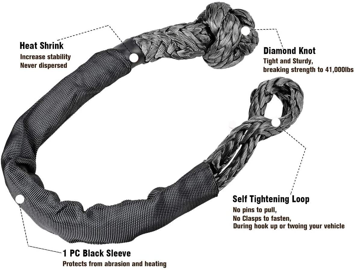 RUGCEL Synthetic Soft Shackle(47,000LB Breaking Strength) for Boating ATV UTV SUV 4X4 Truck Recovery (3/8'') (Gray-Black)